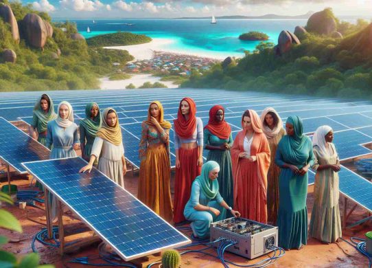 Realistic, high-definition image of a scene depicting the empowerment of women through solar energy in Zanzibar. The scene could include, for instance, a diverse group of women - Caucasian, Hispanic, Black, Middle-Eastern, South Asian, each operating necessary technical equipment for harnessing solar energy. It's a beautiful, sunny day with large solar panels gleaming in the foreground. In the background you can see the unique landscapes of Zanzibar with its stunning beaches and lush greenery. The women are vibrant, determined, and confident, clearly benefiting from this renewable energy source and the opportunities it provides.