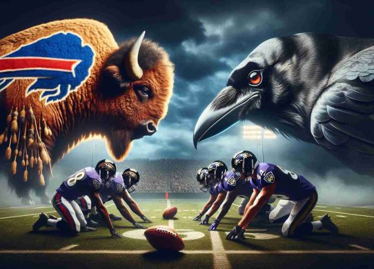 Generate a realistic HD photo of a metaphorical scene representing a sports competition between the teams, the 'Bills' and the 'Ravens'. Show a game of American Football in progress with two teams, one marked with Bison-themed symbols (representing the 'Bills') and the other marked with Raven-themed symbols (representing the 'Ravens'). The emphasis should be on suspense and uncertainty about the outcome of the game.