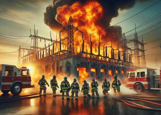 Generate a realistic HD image of a dramatic scene where a powerful explosion is taking place at a substation located in a city environment similar to Fort Worth. Firefighters of diverse descents and genders are bravely battling the blazing inferno that’s raging, heroically making their efforts to control the situation. The firefighters' equipment highlights their professionalism and readiness. The scene further includes the substation, fire trucks, and various firefighting equipment.